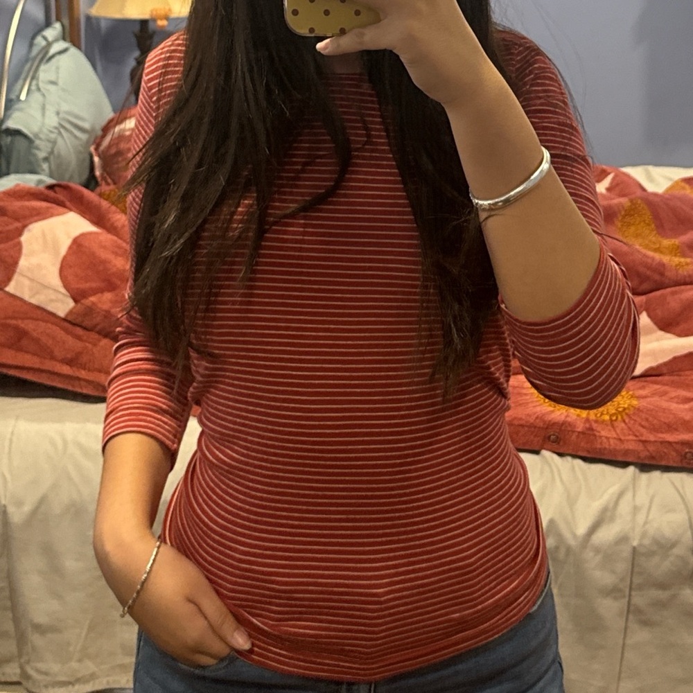 Brandy Melville Red and White Striped Capri Sleeve Top